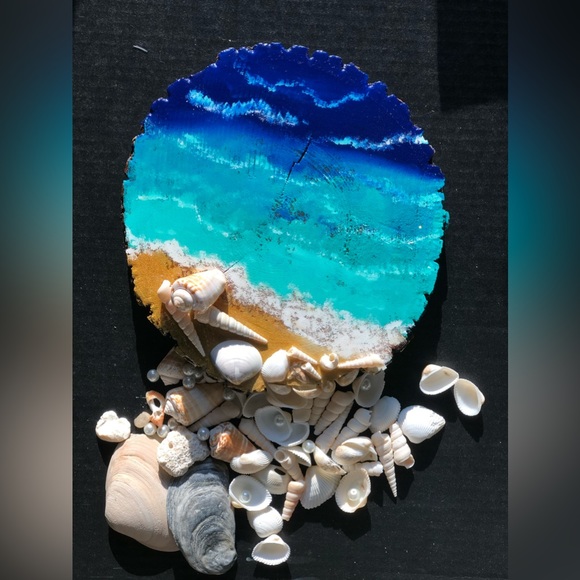 Beach Acrylic Artwork on Wood Slice - Picture 1 of 9